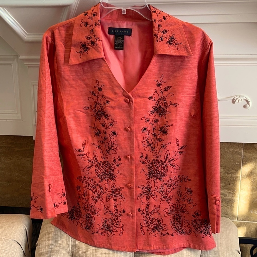 Silk Land Button Down Coral Shirt/Jacket.